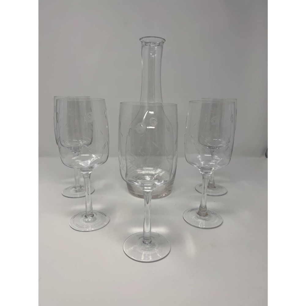 Carafe 5 Glasses with Petite Roses 11 1/2" Tall‎ Carafe 7 1/2" Tall Wine Glass